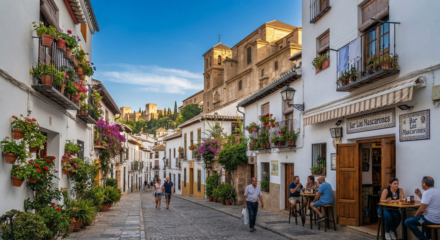 Barrio del Realejo en Granada, casas con abundantes macetas y flores.