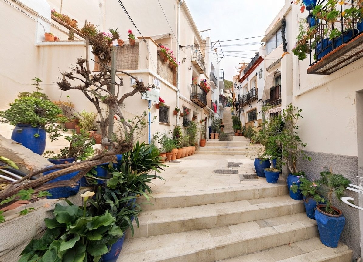 El Albaicín, calles empedradas, las casas blancas con sus patios interiores (cármenes) llenos de vegetación y la presencia imponente de la Alhambra y Sierra Nevada al fondo, integrando el barrio con su entorno histórico.