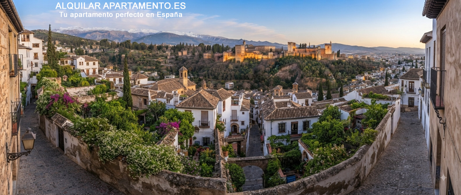El Albaicín, calles empedradas, las casas blancas con sus patios interiores (cármenes) llenos de vegetación y la presencia imponente de la Alhambra y Sierra Nevada al fondo, integrando el barrio con su entorno histórico.